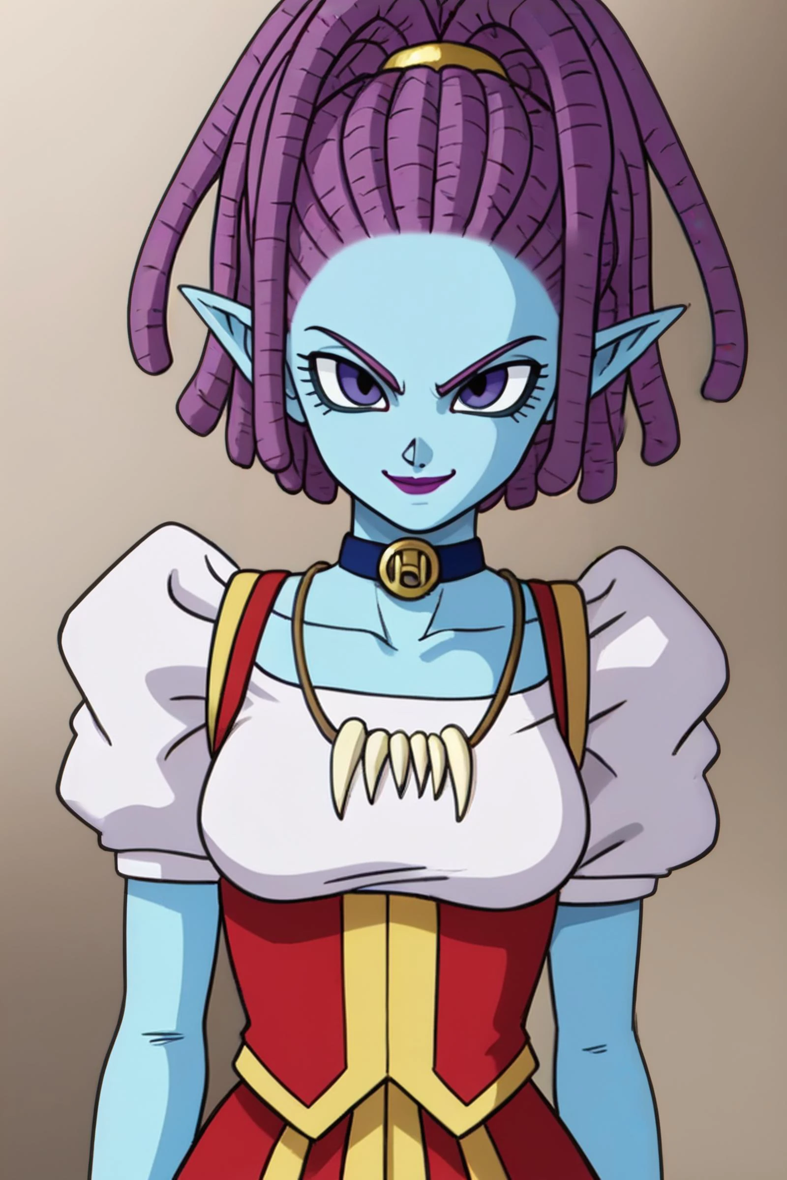 source_anime, score_9, score_8_up, score_7_up, anime screencap,
masterpiece, detailed face, 8k, high quality, solo, 1girl
mackidbs, purple lips, purple eyes, purple hair, blue skin, dreadlocks, pointy ears, tied-up hair, snake hair, ponytail,
white undershirt, red dress, puffy sleeves,choker, collarbone, tooth necklace,
close up, evil smile, star \(sky\),
<lora:macki_pony_v1:0.8>