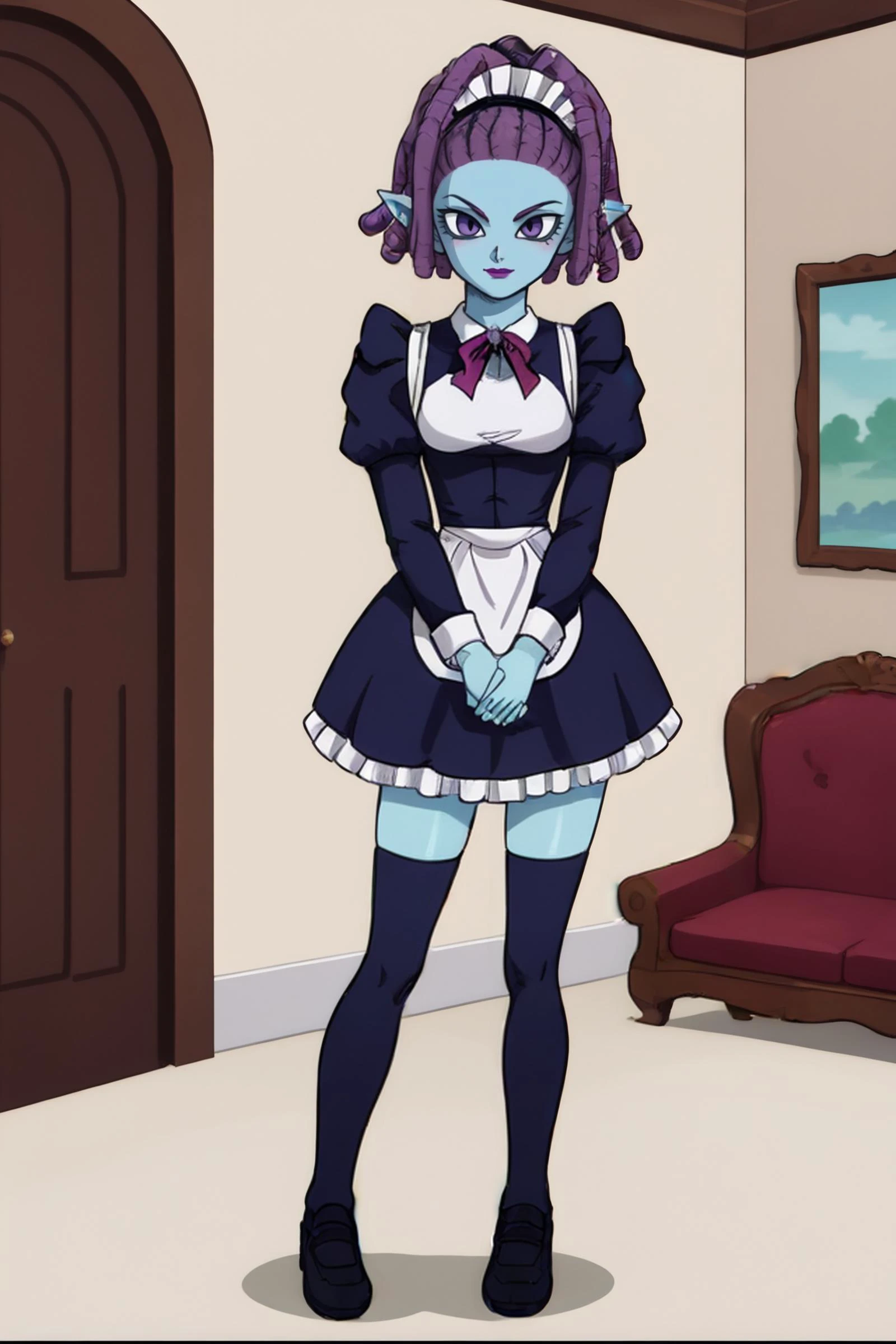 source_anime, score_9, score_8_up, score_7_up, anime screencap,
mackidbs, purple lips, purple eyes, purple hair, blue skin, dreadlocks, pointy ears, tied-up hair, snake hair, ponytail,
maid headdress, black maid dress, kneehighs, white legwear, mansion, indoors,
<lora:macki_pony_v1:0.8>