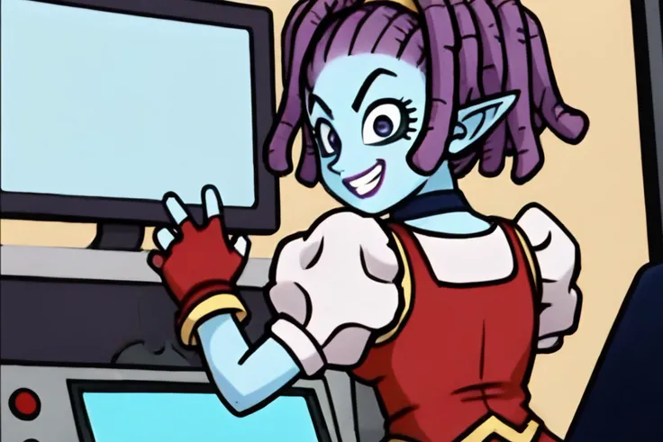 source_anime, score_9, score_8_up, score_7_up, anime screencap,
mackidbs, 1girl, comic, solo, smile, purple eyes, purple hair, pointy ears, looking back, fingerless gloves, grin, microphone, blue skin, ok sign, monitor, dreadlocks, clenched teeth, eyebrows, eyelashes, gold trim, forehead, from behind, makeup, pointy nose, puffy short sleeves, purple lips, red dress, red gloves, scrunchie, sitting on chair, spacecraft interior, choker, teeth, surprised, v-shaped eyebrows, tied hair, wide-eyed, white undershirt
<lora:macki_pony_v1:0.8>