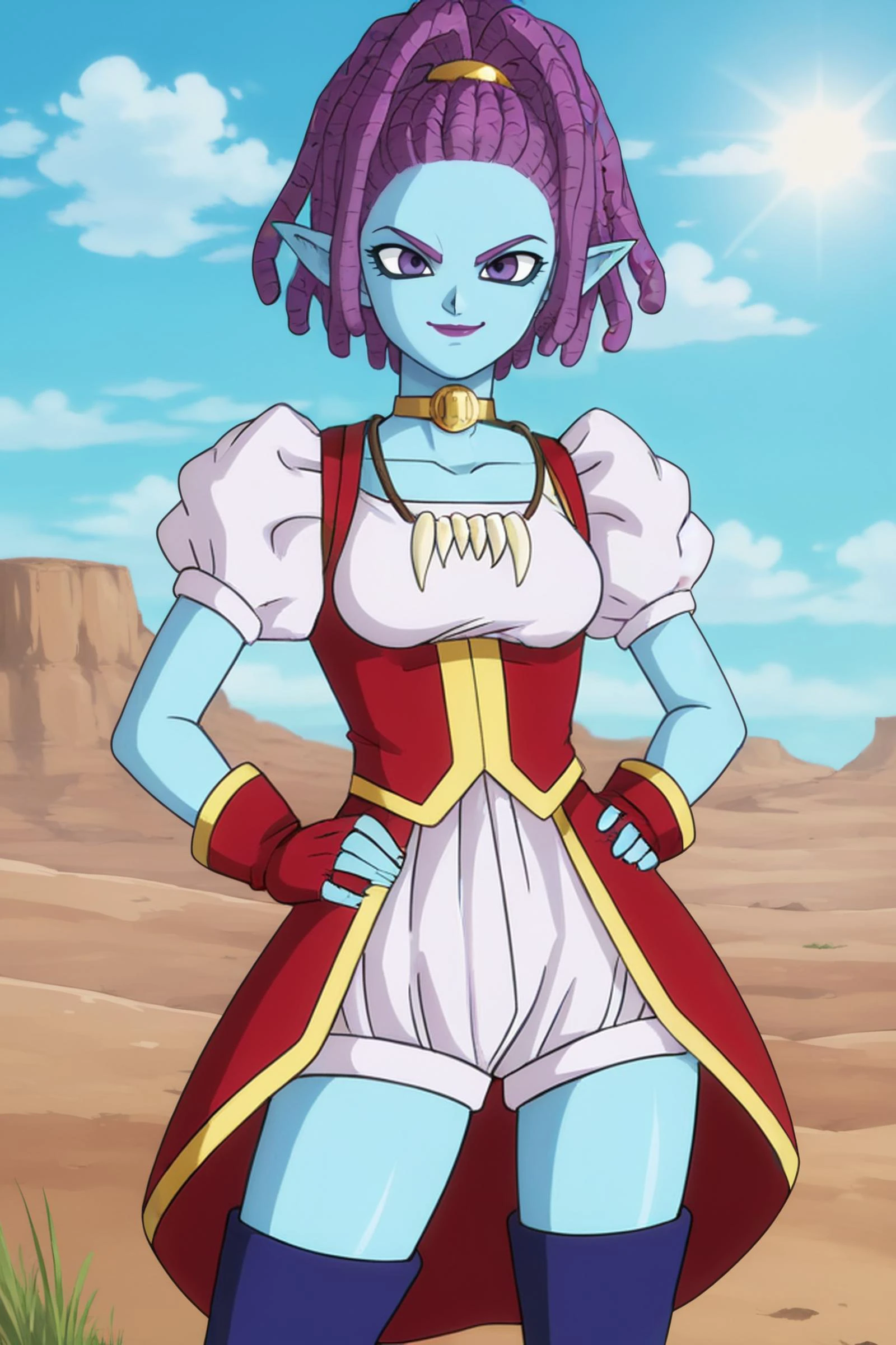 source_anime, score_9, score_8_up, score_7_up, anime screencap,
masterpiece, detailed face, 8k, high quality,
mackidbs, purple lips, purple eyes, purple hair, blue skin, dreadlocks, pointy ears, tied-up hair
red dress, white undershirt, gold trim. red fingerless gloves, blue thigh boots, choker, puffy short sleeves, white shorts, tooth necklace,
standing, cowboy shot, evil smile, hand on hip, blue sky,
outdoors, field, sunlight,
<lora:macki_pony_v1:0.8>