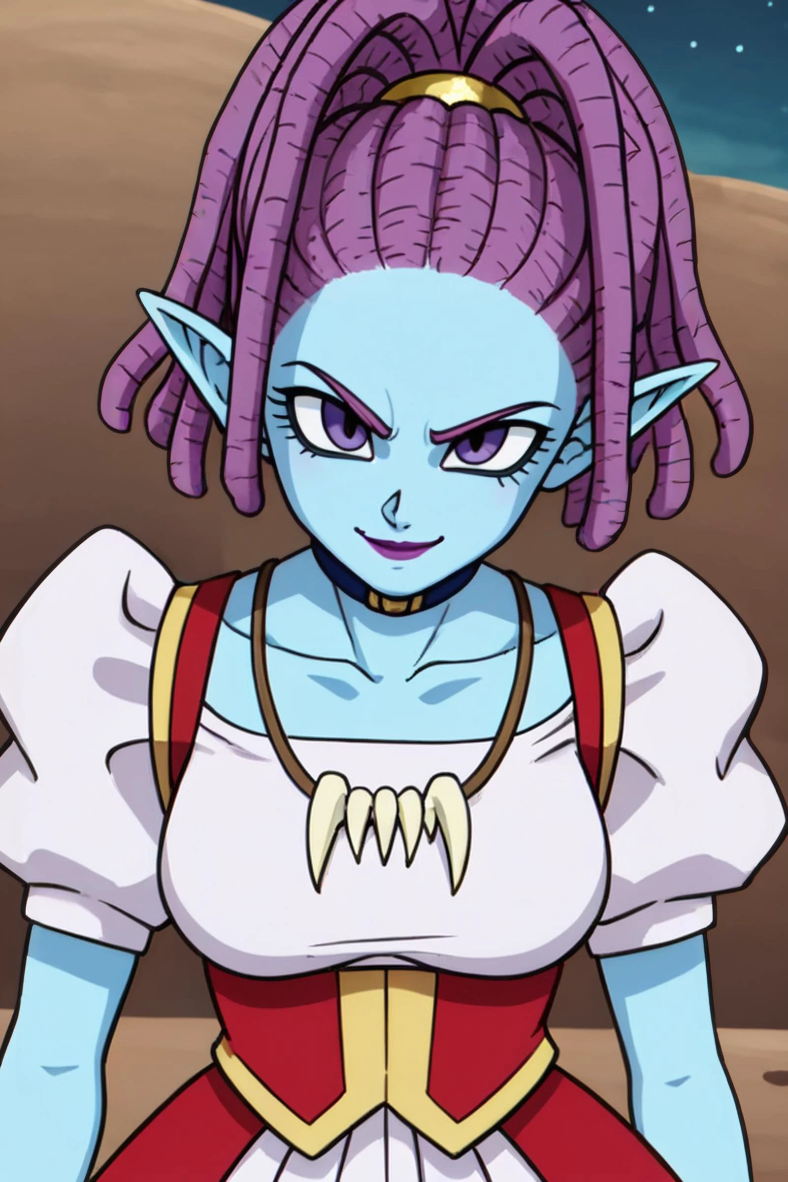 source_anime, score_9, score_8_up, score_7_up, anime screencap,
masterpiece, detailed face, 8k, high quality, solo, 1girl
mackidbs, purple lips, purple eyes, purple hair, blue skin, dreadlocks, pointy ears, tied-up hair, snake hair, ponytail,
white undershirt,
red skirt, puffy sleeves, close up, evil smile, star \(sky\), outdoors, night sky,
<lora:macki_pony_v1:0.8>