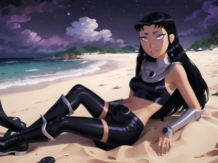 masterpiece, best quality, 1girl, perfect eyes, intricate details, perfect eyes, laying on beach, night, sand, waves, <lora:blackfire-10:.8>, blackfire, cartoon style, armor, black skirt, black boots, full body, beautiful eyes, miniskirt, black leggings,