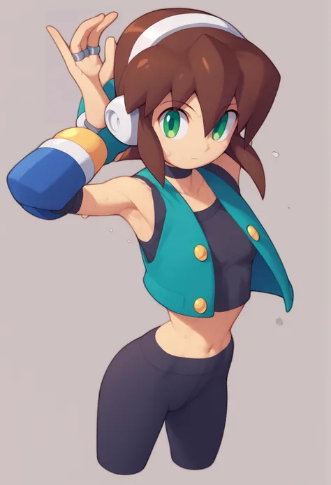 mega man (series), mega man zx, ring fit adventure, aile (mega man zx), kaidou zx, 1girl, armpits, arms behind back, black pants, blue jacket, brown hair, collarbone, cropped jacket, green eyes, jacket, joy-con, midriff, navel, pants, ring-con, robot ears, short hair, solo, sweat, yoga pants <lora:metata_pony_v3:1>, score_9, score_8_up, score_7_up, score_6_up, score_5_up, score_4_up, BREAK source_anime, masterpiece