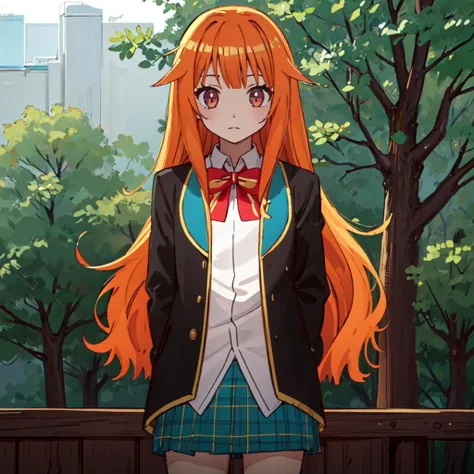 masterpiece, best quality, ultra detailed,  1girl,  <lora:mao_v1.0:1>, 1mao, orange hair, school uniform, jacket, looking at viewer, (forest:1.2)