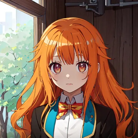 masterpiece, best quality, ultra detailed, 1girl, <lora:mao_v1.0:1>, 1mao, orange hair, school uniform, jacket, looking at viewer