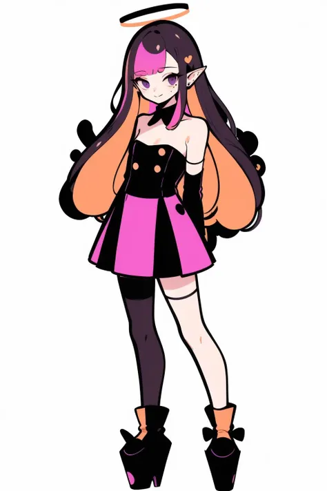 <lora:clear_bess:1>, 1girl, long hair, virtual youtuber, ninomae ina'nis, solo, tentacles, tentacle hair, sidelocks, multicolored hair, bangs, gradient hair, very long hair, halo, pointy ears, blunt bangs, orange hair, thighhighs, book, low wings, full body, white background, looking at viewer, single thighhigh, platform footwear, simple background, flat , gloves, purple hair, dress, okobo, arms behind back, detached sleeves, mole, mole under eye, smile, black gloves, wings, white thighhighs, standing, blush, holding book, black dress, strapless, black hair, single detached sleeve,  shoulders, strapless dress, purple eyes, closed mouth