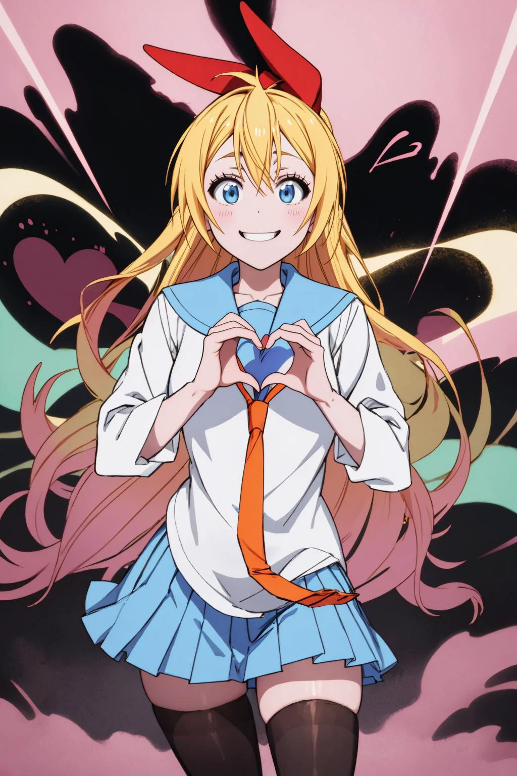 masterpiece, best quality, <lora:chitoge_v2:0.85> kirisaki chitoge, smile, <lora:heart-hands:0.9> heart hands, own hands together, serafuku, necktie, skirt, thighhighs, hearts, Merge contrasting colors with strong brushstrokes, creating a collision of chaotic color forms and energetic interactions on the canvas