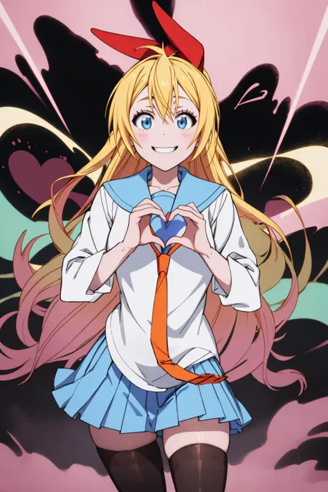 masterpiece, best quality,  <lora:chitoge_v2:0.85> kirisaki chitoge, smile, <lora:heart-hands:0.9> heart hands, own hands together, serafuku, necktie, skirt, thighhighs, hearts, Merge contrasting colors with strong brushstrokes, creating a collision of chaotic color forms and energetic interactions on the canvas