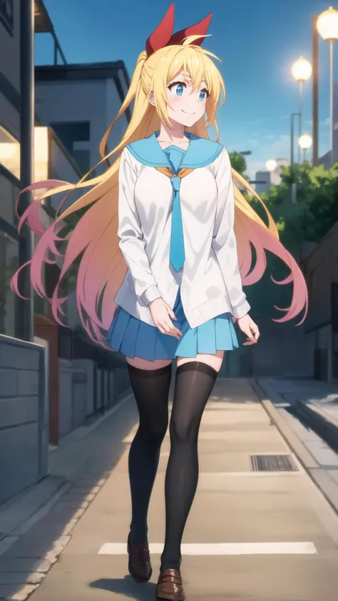 masterpiece, best quality, highres, BREAK
,angelic smile,sci-fi boulevard midnight, , chic, aqua theme, , , hand on chin,looking away, breasts,BREAK,
<lora:chitoge_v2:0.8>, kirisaki chitoge, school uniform, serafuku, orange tie, light blue skirt, black thighhighs