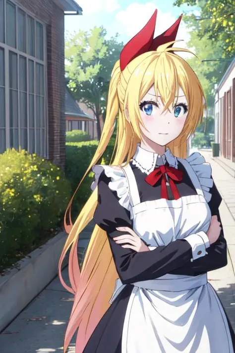 best quality, high resolution, natural lighting, natural shading, 1girl, solo, <lora:chitoge_v2:0.8>, kirisaki chitoge, pale-blonde long hair, maid uniform, be embarrassed, <lora:GoodHands-vanilla:0.6>