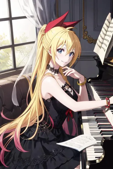 best quality, high resolution, natural lighting, natural shading, (best illustration), 1girl, solo, <lora:chitoge_v2:0.8>, kirisaki chitoge, pale-blonde long hair, dress, light smile, grand piano, jewelry, bracelet, colorful, <lora:GoodHands-vanilla:0.6>, <lora:gothic_ta_dress_v10:0.4>