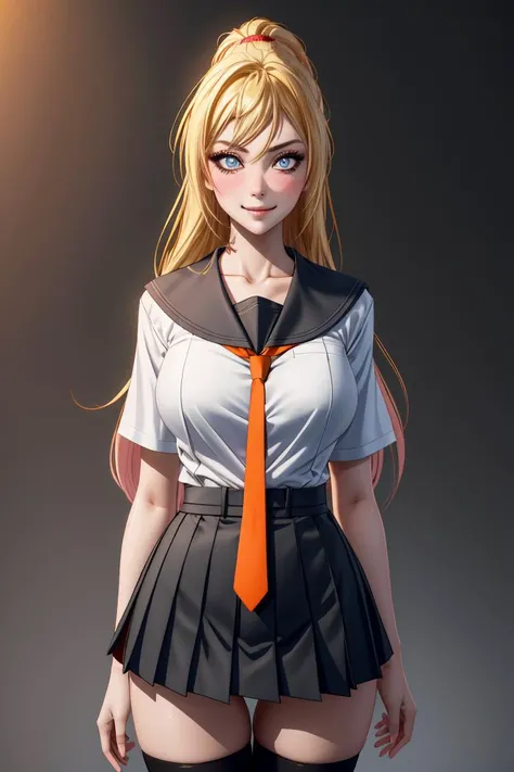 masterpiece, best quality, absurdres, illustration, 8k, perfect shadows,perfect lighting,hdr, ambient lighting,realistic, ultra-realistic, cowboy shot, Photo realistic,(hyperrealistic:1)textured skin,shiny skin,skindentation, beautiful body, (blush:1.2) kirisaki chitoge, (wearing school uniform, serafuku, orange tie, light blue skirt, black thighhighs) (large breasts,hourglass body, thin waist,very slim waist)extremely detailed face,detailed eye makeup, detail face, nice detailed eyes,nice hands, perfect hands <lora:kirisaki chitoge__chitoge_v2-13:.70> <lora:PerfectFullBreasts-fCV3:.40><lora:beautifulDetailedEyes_v10:0.50> (realistic pupils,realistic iris:1) heavy eye makeup,glowing eyes, Bright eyes,<lora:add_detail:.50> <lyco:GoodHands-beta2:.90><lora:Aesthetic-Portrait-V2:.40> standing,standing at attention,(evil smile) (gradient grey background) <lora:ryanreos-lora-v1-32dim-3ep-naivae:.30>