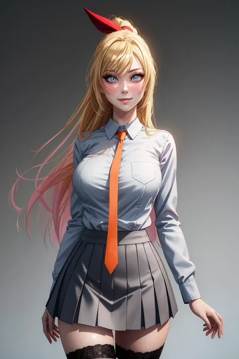 masterpiece, best quality, absurdres, illustration, 8k, perfect shadows,perfect lighting,hdr, ambient lighting,realistic, ultra-realistic, cowboy shot, Photo realistic,(hyperrealistic:1)textured skin,shiny skin,skindentation, beautiful body, (blush:1.2) kirisaki chitoge, (wearing school uniform, serafuku, orange tie, light blue skirt, black thighhighs) (large breasts,hourglass body, thin waist,very slim waist)extremely detailed face,detailed eye makeup, detail face, nice detailed eyes,nice hands, perfect hands <lora:kirisaki chitoge__chitoge_v2-13:.70> <lora:PerfectFullBreasts-fCV3:.40><lora:beautifulDetailedEyes_v10:0.50> (realistic pupils,realistic iris:1) heavy eye makeup,glowing eyes, Bright eyes,<lora:add_detail:.50> <lyco:GoodHands-beta2:.90><lora:Aesthetic-Portrait-V2:.40> standing,standing at attention,(evil smile) (gradient grey background) <lora:ryanreos-lora-v1-32dim-3ep-naivae:.30>