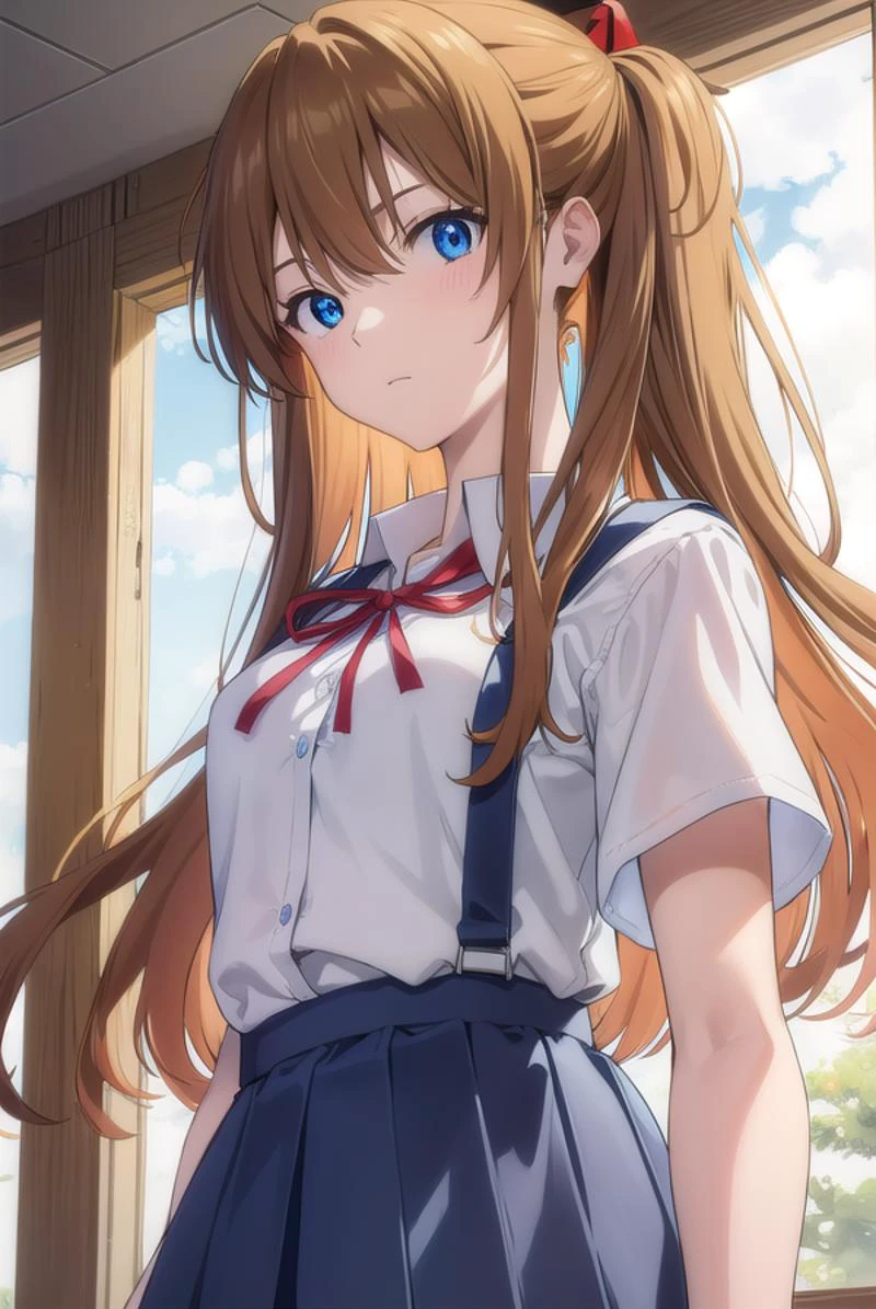 asukalangley, <lyco:asuka langley soryu rebuild-lyco-nochekaiser:1>,
asuka langley soryu, (souryuu asuka langley:1.2), long hair, bangs, blue eyes, brown hair, hair ornament,
BREAK skirt, shirt, ribbon, school uniform, white shirt, short sleeves, blue skirt, watch, suspender skirt, wristwatch, tokyo-3 middle school uniform,
BREAK indoors, classroom,
BREAK looking at viewer, (cowboy shot:1.5),
BREAK <lyco:GoodHands-beta2:1>, (masterpiece:1.2), best quality, high resolution, unity 8k wallpaper, (illustration:0.8), (beautiful detailed eyes:1.6), extremely detailed face, perfect lighting, extremely detailed CG, (perfect hands, perfect anatomy),