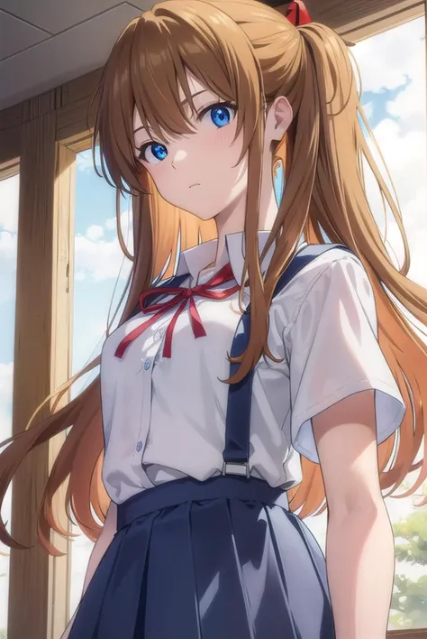 asukalangley, <lyco:asuka langley soryu rebuild-lyco-nochekaiser:1>, 
asuka langley soryu, (souryuu asuka langley:1.2), long hair, bangs, blue eyes, brown hair, hair ornament,
BREAK skirt, shirt, ribbon, school uniform, white shirt, short sleeves, blue skirt, watch, suspender skirt, wristwatch, tokyo-3 middle school uniform,
BREAK indoors, classroom,
BREAK looking at viewer, (cowboy shot:1.5),
BREAK <lyco:GoodHands-beta2:1>, (masterpiece:1.2), best quality, high resolution, unity 8k wallpaper, (illustration:0.8), (beautiful detailed eyes:1.6), extremely detailed face, perfect lighting, extremely detailed CG, (perfect hands, perfect anatomy),