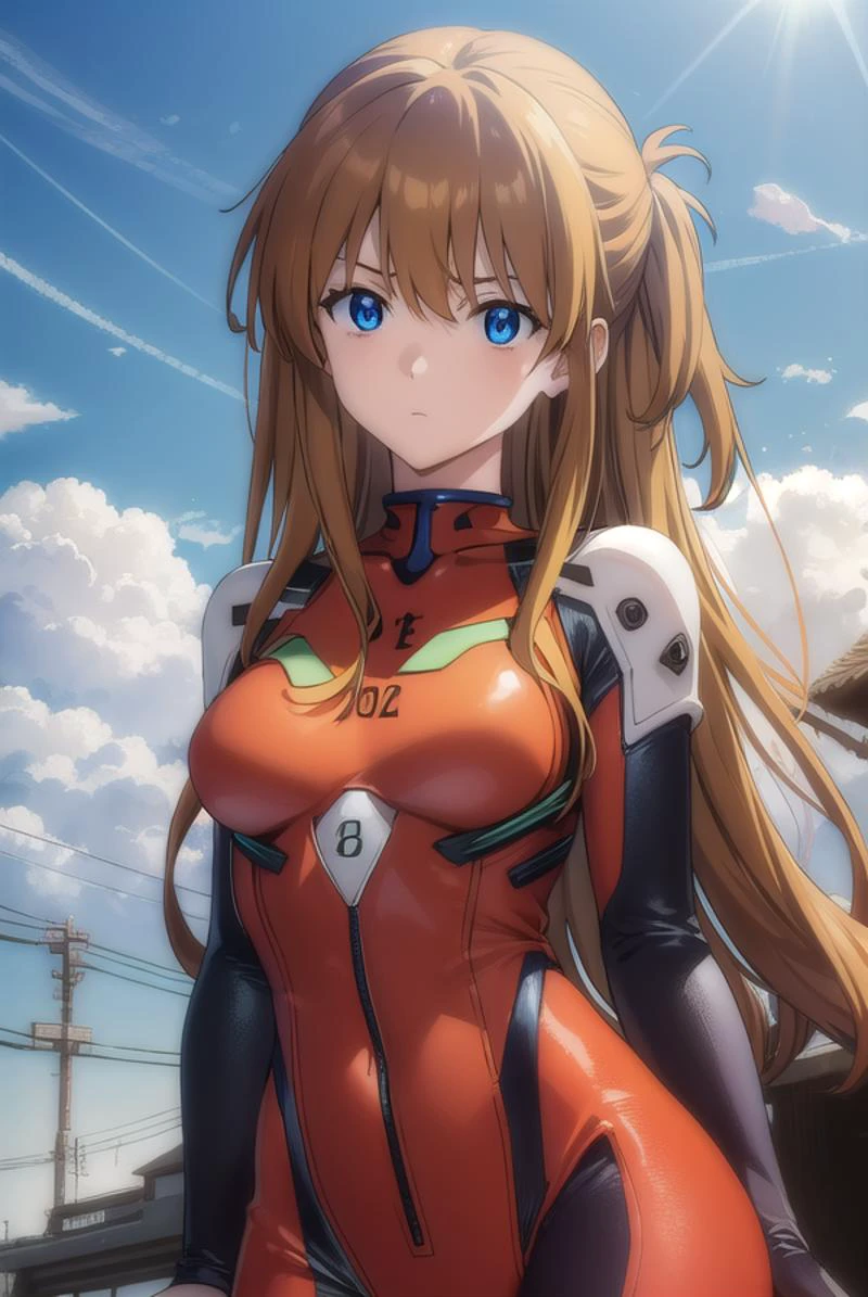 asukalangley, <lyco:asuka langley soryu rebuild-lyco-nochekaiser:1>,
asuka langley soryu, (souryuu asuka langley:1.2), long hair, bangs, blue eyes, brown hair,
BREAK bodysuit, pilot suit, plugsuit, (red bodysuit:1.5), interface headset,
BREAK outdoors, city, sky, cloud, sun,
BREAK looking at viewer, (cowboy shot:1.5),
BREAK <lyco:GoodHands-beta2:1>, (masterpiece:1.2), best quality, high resolution, unity 8k wallpaper, (illustration:0.8), (beautiful detailed eyes:1.6), extremely detailed face, perfect lighting, extremely detailed CG, (perfect hands, perfect anatomy),