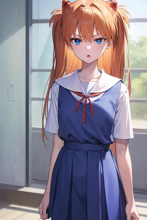 asukalangley, <lyco:asukalangleysouryuu-lyco-nochekaiser:1>,
asuka langley soryu, (souryuu asuka langley:1.5), blue eyes, hair between eyes, headgear, interface headset, orange hair, two side up, <lora:gekioko_v200:0.8>, angry, open mouth,
BREAK blue dress, collarbone, dress, neck ribbon, pinafore dress, red ribbon, ribbon, school uniform, shirt, short sleeves, (tokyo-3 middle school uniform:1.5), suspenders, suspender skirt, white shirt,
BREAK indoors, classroom,
BREAK looking at viewer, (cowboy shot:1.5),
BREAK <lora:GoodHands-beta2:1>, (masterpiece:1.2), best quality, high resolution, unity 8k wallpaper, (illustration:0.8), (beautiful detailed eyes:1.6), extremely detailed face, perfect lighting, extremely detailed CG, (perfect hands, perfect anatomy),