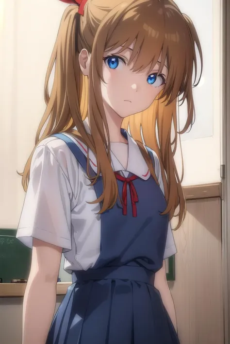 asukalangley, <lyco:asuka langley soryu rebuild-lyco-nochekaiser:1>, 
asuka langley soryu, (souryuu asuka langley:1.2), long hair, bangs, blue eyes, brown hair, hair ornament,
BREAK skirt, shirt, ribbon, school uniform, white shirt, short sleeves, blue skirt, watch, suspender skirt, wristwatch, tokyo-3 middle school uniform,
BREAK indoors, classroom,
BREAK looking at viewer, (cowboy shot:1.5),
BREAK <lyco:GoodHands-beta2:1>, (masterpiece:1.2), best quality, high resolution, unity 8k wallpaper, (illustration:0.8), (beautiful detailed eyes:1.6), extremely detailed face, perfect lighting, extremely detailed CG, (perfect hands, perfect anatomy),