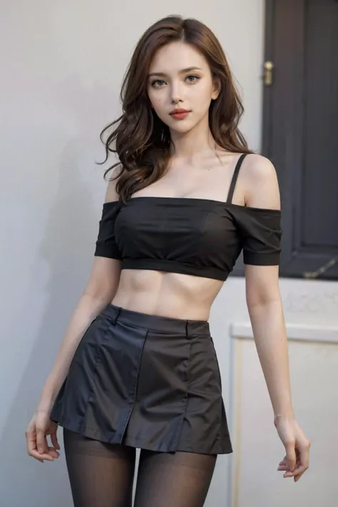 Best quality, masterpiece, ultra high res, raw photo, beautiful and aesthetic,deep shadow, dark theme,(photorealistic:1.4),
(1girl,((green eyes, smile:1.2,closed eyes:0.66)),scarlett_johansson, pantyhose, pleated skirt, black shirt),makeup, (thin face),