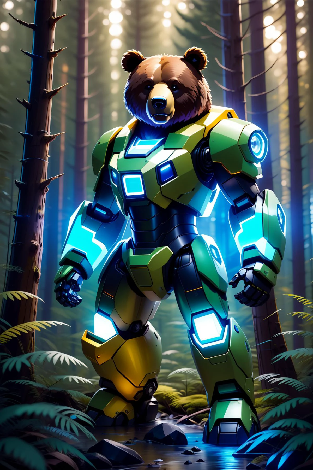 masterpiece,best quality,robotzoo, bear mecha, cute, standing, glowing, looking at viewer, solo, full body ,forest,tree, , <lora:robotzoo_v1.4:0.85>
