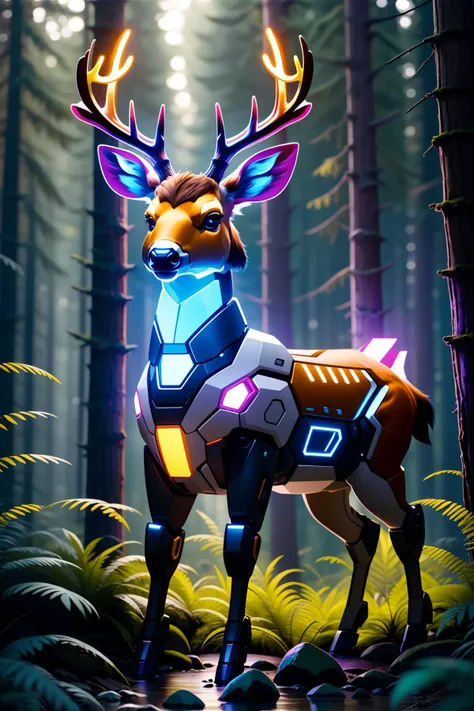 masterpiece,best quality,robotzoo, deer mecha, cute, standing, glowing, looking at viewer, solo, full body ,forest,tree,    , <lora:robotzoo_v1.4:0.85>