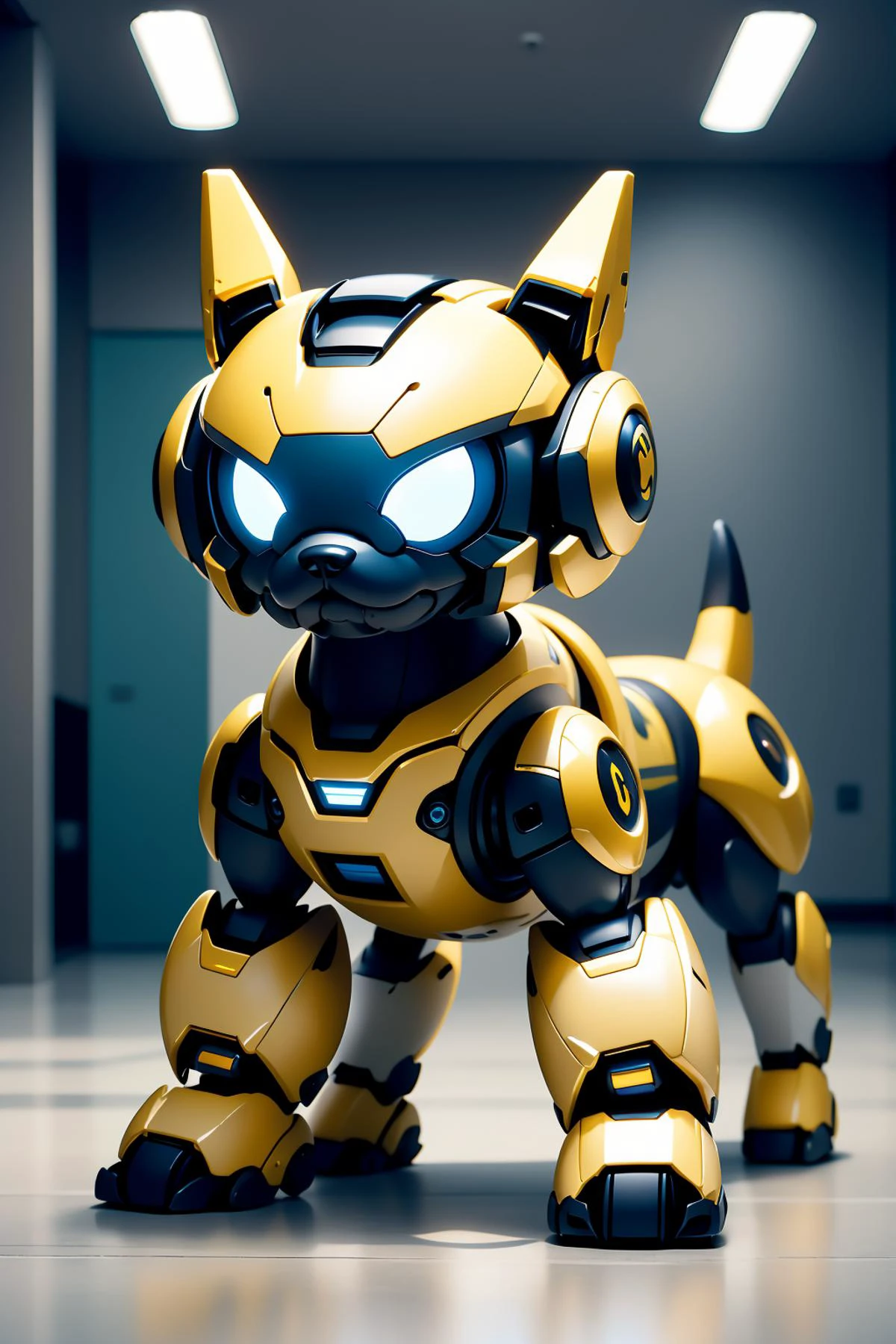 masterpiece,best quality,robotzoo, dog mecha, cute, no humans, solo, standing, blue eyes, full body, indoors, ,<lora:robotzoo_v1.4:0.85>