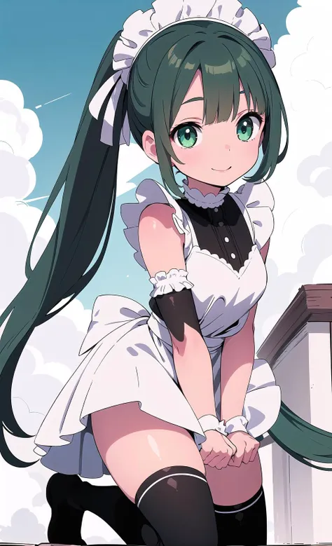 (brown skin:1.3),(Emerald Green eyes,highleg,long bangs, high ponytail,Light beautiful light blue:1.2), blue sky,happy smile,(white color lighting:1.2),, ( girl,Large thighs:1.4),(best quality,Beautiful detailed eyes:1.3),(twin tail,maid,huge breasts,black hair,red eyes,over kneehighs:1.1),(realistic lighting,white color lighting,Caucasian skin:1.2),street,blue sky,looking up at viewer,Front view,