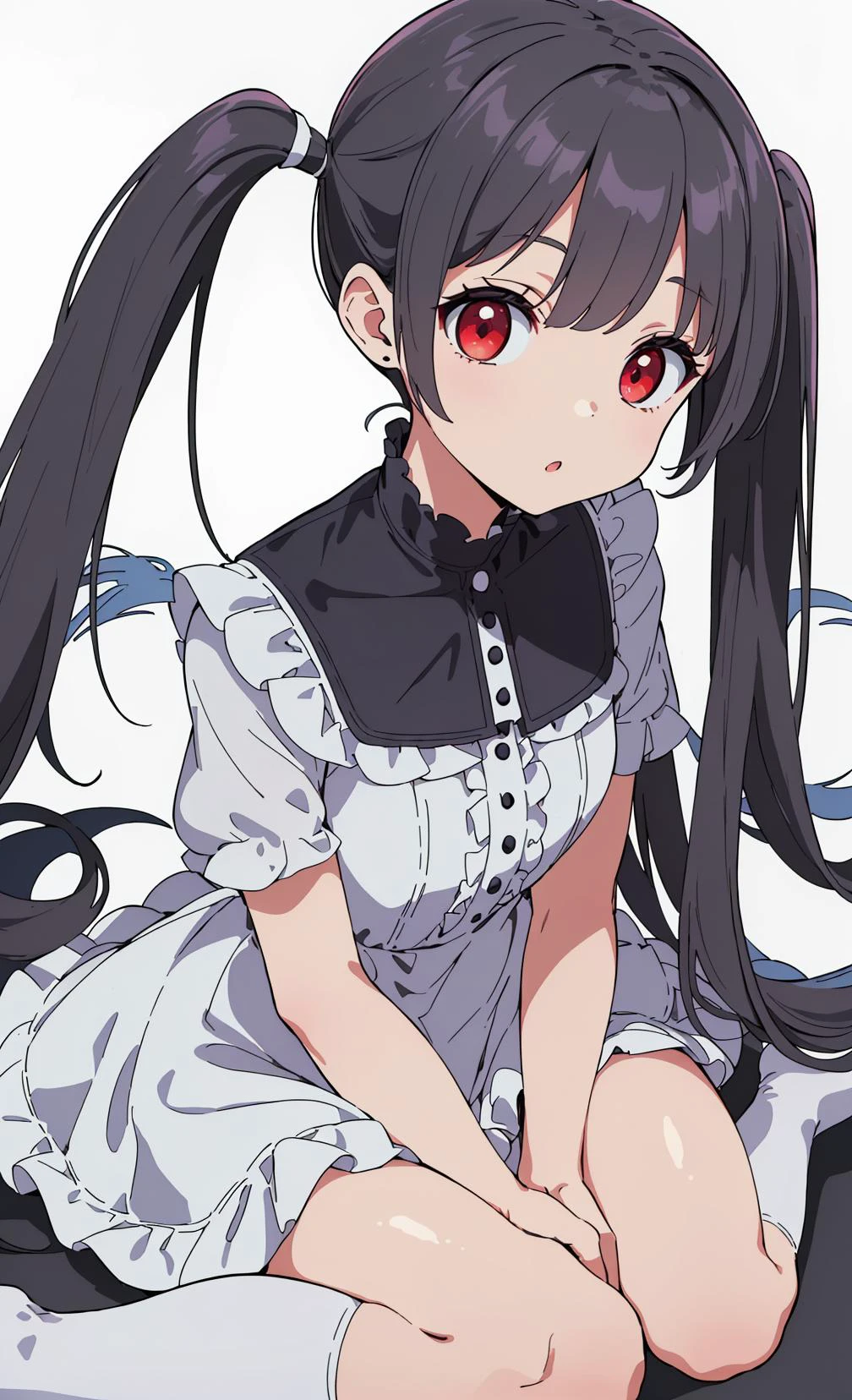 (Detailed and beautiful outlines,white light,soft light,natural light,Caucasian skin:1.3),(upturned eyes,:o,twin tail,black hair,red eyes,over kneehighs,mourning dress,hand between legs,sitting,looking up,day,blue sky,Pale red eyes:1.1),Black Roses,looking at viewer,