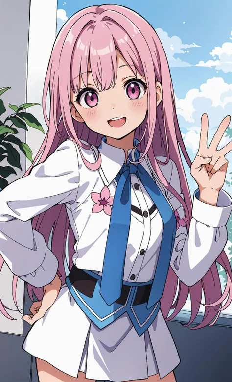 (soft light,natural light,white color lighting:1.3),(hand on hip,V-sign,peace sign,blue sky,smile:1.2),pink hair,pink eyes,solo,blush,open mouth,