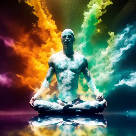 colorslashh, sci-fi, RAW photo, photograph of a real live male mech pilot sitting in a lotus position [translucent latex : lime], sportique body,  wires, HUD controls a  buddhist mandala, color pigments spread out in air,