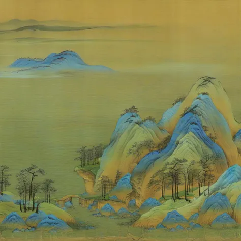 SongQiLi,<lora:qili-sdxl_v1-000010:0.8>a mountain landscape with a few trees and rocks in the foreground and fog in the background, with a few clouds in the sky, naturalism, mountains, a detailed matte painting, Arthur Quartley