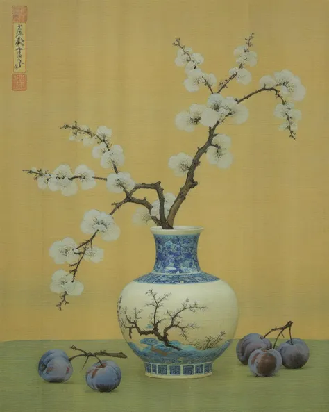 SongQiLi,<lora:qili-sdxl_v1-000010:0.8>a plum vase on the table,solo,(a white background:1.2),