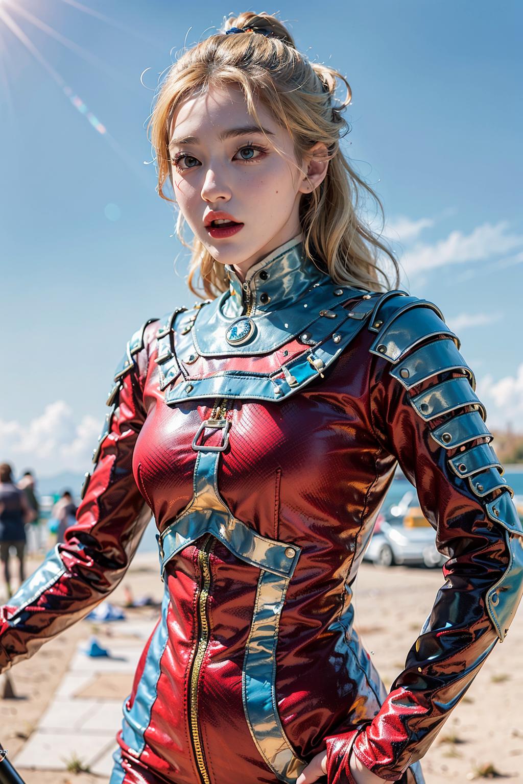 Araffe woman in a red and blue leather outfit on a beach - SeaArt AI