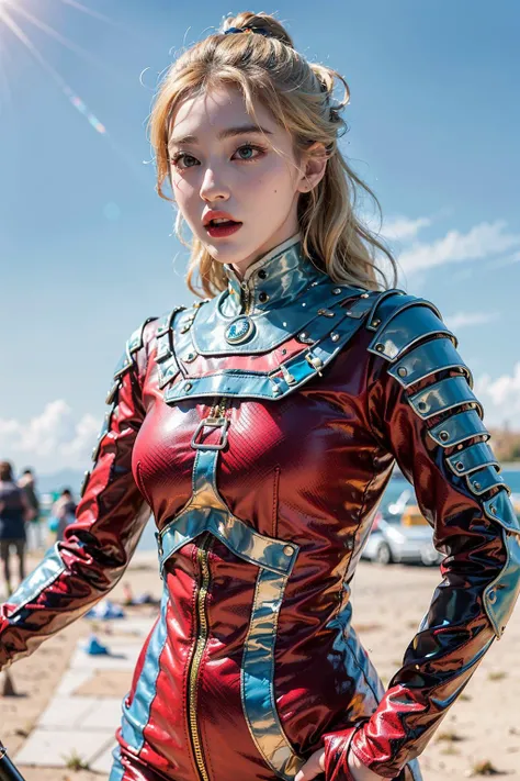 ((masterpiece), (best quality), ultra high res, highres, (raw photo:1.2), (photorealistic:1.4), Exceptional detail, dramatic lighting, highres, 8k, absurdres,
1girl, blonde hair, wavy hair, UltraSeven body girl face, outdoor, monster, epic battle,
ulzzang-6500:0.7, <lora:FilmG4:0.3>