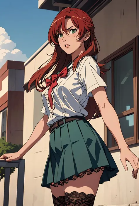 (masterpiece, best quality), 1girl, <lora:lisara-nvwls-v1:0.8> lisara restall, sleeveless shirt, rose, frills, belt, black miniskirt, black thighhighs, lace trim, school uniform, serafuku, short sleeves, green skirt, pleated skirt, black thighhighs