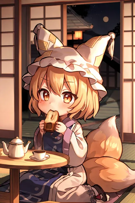 masterpiece, best quality,  <lora:ran:1>,chibi,1girl, solo, yakumo ran, tail, food, blonde hair, hat, fox tail, mouth hold, multiple tails, yellow eyes, short hair, table, cup, sitting, animal ears, food in mouth, pillow hat, hands in opposite sleeves, cloud, window, looking at viewer, teapot, blush, tatami, plate, sliding doors, eating, sky, indoors, fox ears, mug, tea, toast, tabard, dress