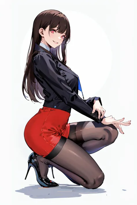 (masterpiece:1.2),best quality,PIXIV
,1girl,solo,long hair,pantyhose,skirt,looking at viewer,high heels,smile,black footwear,red skirt,white background,bangs,simple background,long sleeves,full body,high-waist skirt,from side,one knee,black hair,pencil skirt,thigh strap,pink eyes,breasts,jacket,shirt,straight hair,black jacket,brown hair,red eyes,parted lips,looking to the side,
<lora:SpiderApple:0.8>,