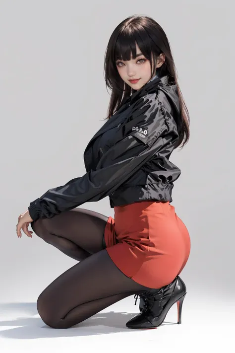 (masterpiece:1.2),best quality,realistic,photorealistic,
1girl,solo,long hair,pantyhose,skirt,looking at viewer,high heels,smile,black footwear,red skirt,white background,bangs,simple background,long sleeves,full body,high-waist skirt,from side,one knee,black hair,pencil skirt,thigh strap,pink eyes,breasts,jacket,shirt,straight hair,black jacket,brown hair,red eyes,parted lips,looking to the side,
<lora:SpiderApple:0.8>,