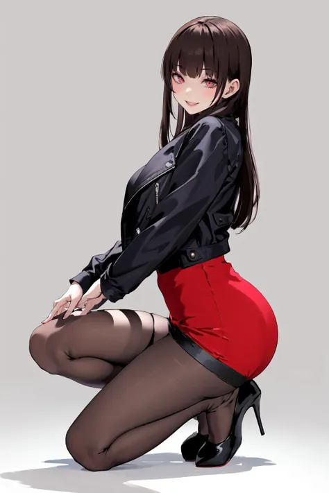 (masterpiece:1.2),best quality,PIXIV,
1girl,solo,long hair,pantyhose,skirt,looking at viewer,high heels,smile,black footwear,red skirt,white background,bangs,simple background,long sleeves,full body,high-waist skirt,from side,one knee,black hair,pencil skirt,thigh strap,pink eyes,breasts,jacket,shirt,straight hair,black jacket,brown hair,red eyes,parted lips,looking to the side,
<lora:SpiderApple:0.8>,