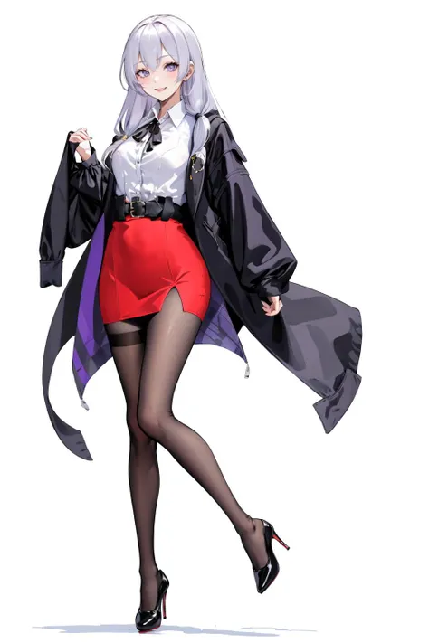 (masterpiece:1.2),best quality,PIXIV,Elaina,white hair,purple eyes,
1girl,solo,long hair,pantyhose,skirt,looking at viewer,high heels,smile,black footwear,red skirt,white background,simple background,long sleeves,full body,high-waist skirt,pencil skirt,thigh strap,breasts,jacket,shirt,black jacket,parted lips,
<lora:SpiderApple:0.8>,