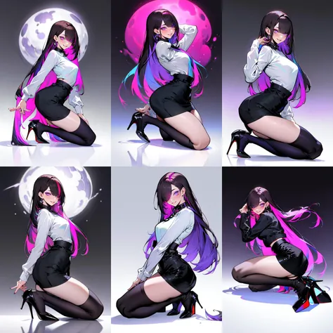 (otherworldly, otherworldly atmosphere, otherworldly appearance), highly insanely detailed, masterpiece, top quality, best quality, highres, 4k, 8k, RAW photo, (long_hair, long hair), collar, earrings, jewelry, 
(random colors cloth, random colors hair, random long hair, dynamic hair, glowing hair), 
long hair, eyelashes, eyeliner, makeup, hair over one eye, 
(dynamic pose), (dynamic weather), 
-SpiderApple, 1girl, solo, high heels, skirt, black footwear, long hair, long sleeves, looking at viewer, bangs, shirt, breasts, white shirt, socks, kneeling, black skirt, pencil skirt, from side, kneehighs, multicolored hair, full body, thighs, miniskirt, parted lips, pink eyes, black hair, purple eyes, colored inner hair, purple hair, blush, <lora:SpiderApple:0.8>, 
(smiling at viewer), (fantasy world)