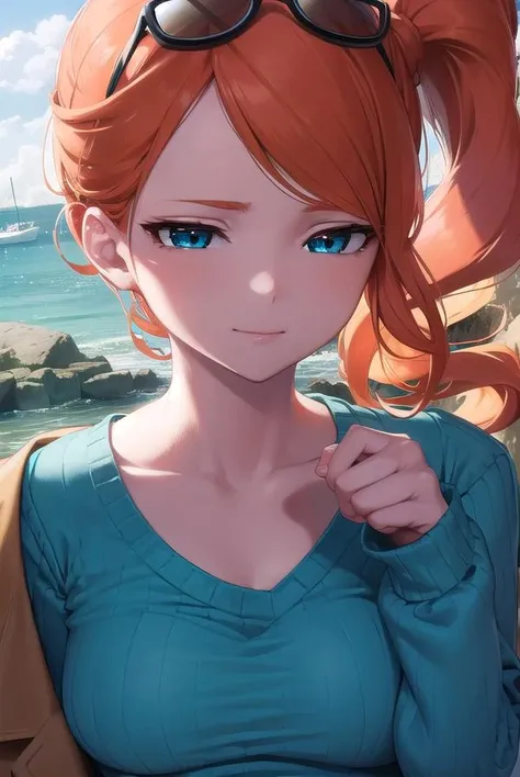 pokemonsonia, <lora:pokemonsonia-lora-nochekaiser:1>,
pokemonsonia, aqua eyes, heart, heart hair ornament, long hair, long sleeves, orange hair, side ponytail, swept bangs, <lora:sensualface_type2:1>, smile,
BREAK aqua footwear, aqua nails, aqua shirt, brown coat, brown jacket, coat, collarbone, eyewear on head, jacket, long sleeves, orange-tinted eyewear, pants, ribbed shirt, shirt, sunglasses, tinted eyewear,
BREAK looking at viewer, (upper body:1.2),
BREAK outdoors, city, sky, sun,
BREAK <lyco:GoodHands-beta2:1>, (masterpiece:1.2), best quality, high resolution, unity 8k wallpaper, (illustration:0.8), (beautiful detailed eyes:1.6), extremely detailed face, perfect lighting, extremely detailed CG, (perfect hands, perfect anatomy),