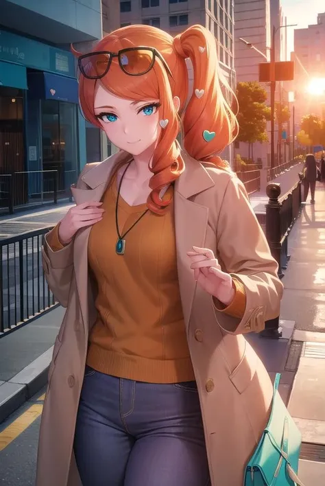 pokemonsonia, <lora:pokemonsonia-lora-nochekaiser:1>,
pokemonsonia, aqua eyes, heart, heart hair ornament, long hair, long sleeves, orange hair, side ponytail, swept bangs, <lora:sensualface_type2:1>, smile,
BREAK aqua footwear, aqua nails, aqua shirt, brown coat, brown jacket, coat, collarbone, eyewear on head, jacket, long sleeves, orange-tinted eyewear, pants, ribbed shirt, shirt, sunglasses, tinted eyewear,
BREAK looking at viewer, (upper body:1.2),
BREAK outdoors, city, sky, sun,
BREAK <lyco:GoodHands-beta2:1>, (masterpiece:1.2), best quality, high resolution, unity 8k wallpaper, (illustration:0.8), (beautiful detailed eyes:1.6), extremely detailed face, perfect lighting, extremely detailed CG, (perfect hands, perfect anatomy),