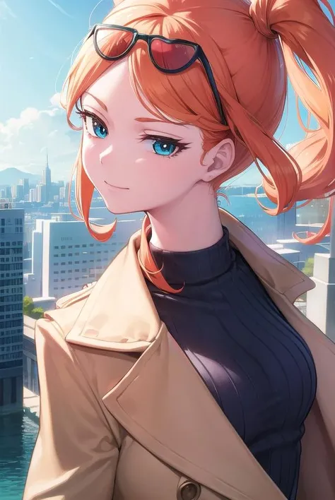 pokemonsonia, <lora:pokemonsonia-lora-nochekaiser:1>,
pokemonsonia, aqua eyes, heart, heart hair ornament, long hair, long sleeves, orange hair, side ponytail, swept bangs, <lora:sensualface_type2:1>, smile,
BREAK aqua footwear, aqua nails, aqua shirt, brown coat, brown jacket, coat, collarbone, eyewear on head, jacket, long sleeves, orange-tinted eyewear, pants, ribbed shirt, shirt, sunglasses, tinted eyewear,
BREAK looking at viewer, (upper body:1.2),
BREAK outdoors, city, sky, sun,
BREAK <lyco:GoodHands-beta2:1>, (masterpiece:1.2), best quality, high resolution, unity 8k wallpaper, (illustration:0.8), (beautiful detailed eyes:1.6), extremely detailed face, perfect lighting, extremely detailed CG, (perfect hands, perfect anatomy),
