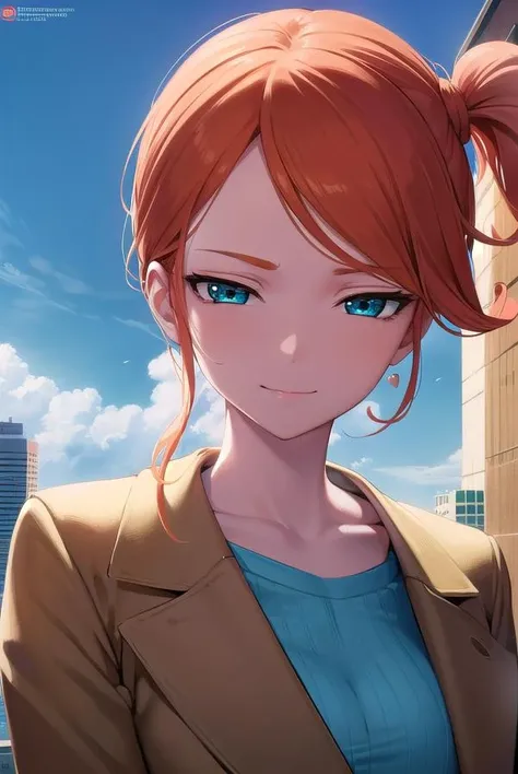 pokemonsonia, <lora:pokemonsonia-lora-nochekaiser:1>,
pokemonsonia, aqua eyes, heart, heart hair ornament, long hair, long sleeves, orange hair, side ponytail, swept bangs, <lora:sensualface_type2:1>, smile,
BREAK aqua footwear, aqua nails, aqua shirt, brown coat, brown jacket, coat, collarbone, eyewear on head, jacket, long sleeves, orange-tinted eyewear, pants, ribbed shirt, shirt, sunglasses, tinted eyewear,
BREAK looking at viewer, (upper body:1.2),
BREAK outdoors, city, sky, sun,
BREAK <lyco:GoodHands-beta2:1>, (masterpiece:1.2), best quality, high resolution, unity 8k wallpaper, (illustration:0.8), (beautiful detailed eyes:1.6), extremely detailed face, perfect lighting, extremely detailed CG, (perfect hands, perfect anatomy),