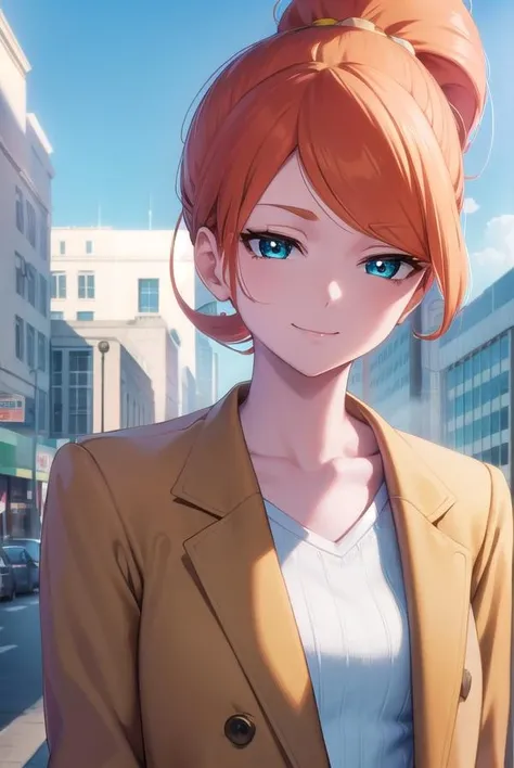 pokemonsonia, <lora:pokemonsonia-lora-nochekaiser:1>,
pokemonsonia, aqua eyes, heart, heart hair ornament, long hair, long sleeves, orange hair, side ponytail, swept bangs, <lora:sensualface_type2:1>, smile,
BREAK aqua footwear, aqua nails, aqua shirt, brown coat, brown jacket, coat, collarbone, eyewear on head, jacket, long sleeves, orange-tinted eyewear, pants, ribbed shirt, shirt, sunglasses, tinted eyewear,
BREAK looking at viewer, (upper body:1.2),
BREAK outdoors, city, sky, sun,
BREAK <lyco:GoodHands-beta2:1>, (masterpiece:1.2), best quality, high resolution, unity 8k wallpaper, (illustration:0.8), (beautiful detailed eyes:1.6), extremely detailed face, perfect lighting, extremely detailed CG, (perfect hands, perfect anatomy),