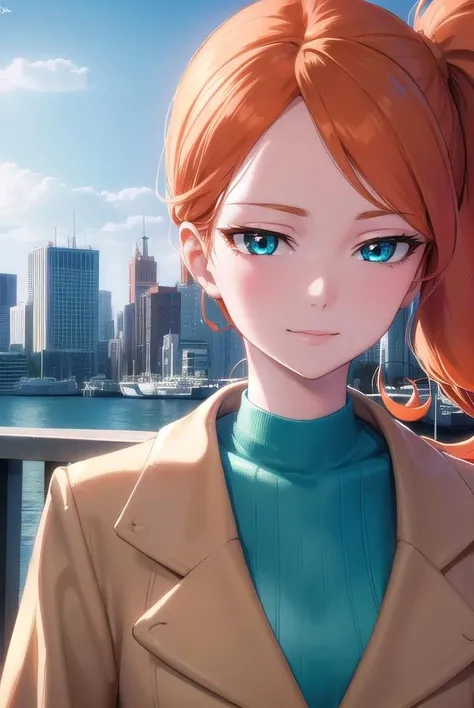 pokemonsonia, <lora:pokemonsonia-lora-nochekaiser:1>,
pokemonsonia, aqua eyes, heart, heart hair ornament, long hair, long sleeves, orange hair, side ponytail, swept bangs, <lora:sensualface_type2:1>, smile,
BREAK aqua footwear, aqua nails, aqua shirt, brown coat, brown jacket, coat, collarbone, eyewear on head, jacket, long sleeves, orange-tinted eyewear, pants, ribbed shirt, shirt, sunglasses, tinted eyewear,
BREAK looking at viewer, (upper body:1.2),
BREAK outdoors, city, sky, sun,
BREAK <lyco:GoodHands-beta2:1>, (masterpiece:1.2), best quality, high resolution, unity 8k wallpaper, (illustration:0.8), (beautiful detailed eyes:1.6), extremely detailed face, perfect lighting, extremely detailed CG, (perfect hands, perfect anatomy),