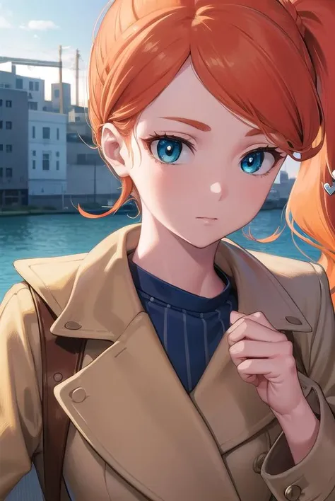 pokemonsonia, <lora:pokemonsonia-lora-nochekaiser:1>,
pokemonsonia, aqua eyes, heart, heart hair ornament, long hair, long sleeves, orange hair, side ponytail, swept bangs,
BREAK aqua footwear, aqua nails, aqua shirt, brown coat, brown jacket, coat, collarbone, eyewear on head, jacket, long sleeves, orange-tinted eyewear, pants, ribbed shirt, shirt, sunglasses, tinted eyewear,
BREAK looking at viewer, (upper body:1.2),
BREAK outdoors, city, sky, sun,
BREAK <lyco:GoodHands-beta2:1>, (masterpiece:1.2), best quality, high resolution, unity 8k wallpaper, (illustration:0.8), (beautiful detailed eyes:1.6), extremely detailed face, perfect lighting, extremely detailed CG, (perfect hands, perfect anatomy),