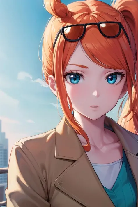pokemonsonia, <lora:pokemonsonia-lora-nochekaiser:1>,
pokemonsonia, aqua eyes, heart, heart hair ornament, long hair, long sleeves, orange hair, side ponytail, swept bangs,
BREAK aqua footwear, aqua nails, aqua shirt, brown coat, brown jacket, coat, collarbone, eyewear on head, jacket, long sleeves, orange-tinted eyewear, pants, ribbed shirt, shirt, sunglasses, tinted eyewear,
BREAK looking at viewer, (upper body:1.2),
BREAK outdoors, city, sky, sun,
BREAK <lyco:GoodHands-beta2:1>, (masterpiece:1.2), best quality, high resolution, unity 8k wallpaper, (illustration:0.8), (beautiful detailed eyes:1.6), extremely detailed face, perfect lighting, extremely detailed CG, (perfect hands, perfect anatomy),