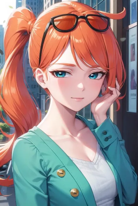 pokemonsonia, <lora:pokemonsonia-lora-nochekaiser:1>,
pokemonsonia, aqua eyes, heart, heart hair ornament, long hair, long sleeves, orange hair, side ponytail, swept bangs, <lora:sensualface_type2:1>, smile,
BREAK aqua footwear, aqua nails, aqua shirt, brown coat, brown jacket, coat, collarbone, eyewear on head, jacket, long sleeves, orange-tinted eyewear, pants, ribbed shirt, shirt, sunglasses, tinted eyewear,
BREAK looking at viewer, (upper body:1.2),
BREAK outdoors, city, sky, sun,
BREAK <lyco:GoodHands-beta2:1>, (masterpiece:1.2), best quality, high resolution, unity 8k wallpaper, (illustration:0.8), (beautiful detailed eyes:1.6), extremely detailed face, perfect lighting, extremely detailed CG, (perfect hands, perfect anatomy),